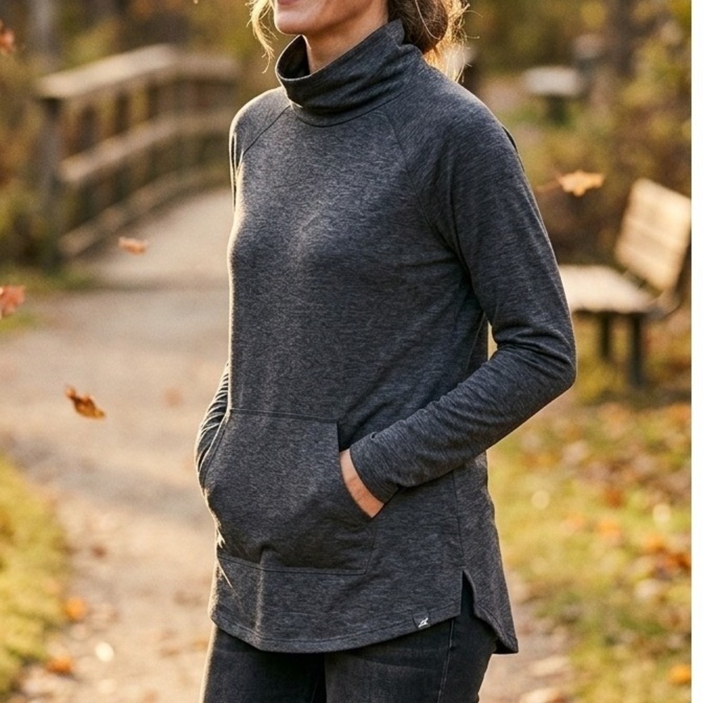 Eddie Bauer Women L Active Funnel Neck Pullover Kangaroo Pocket Charcoal Gray